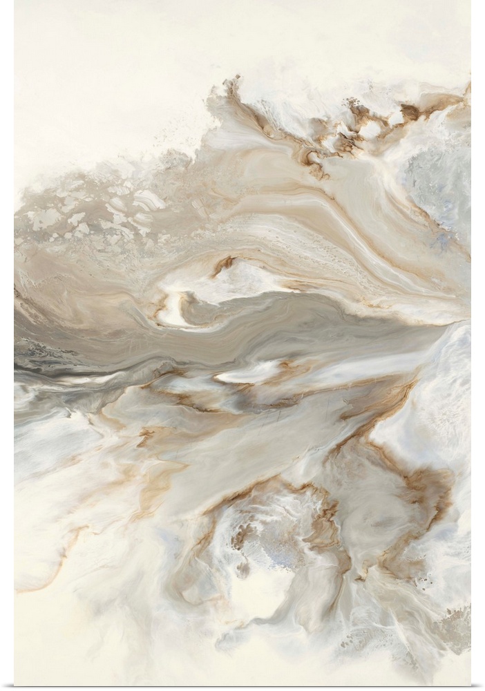 Abstract painting with brown, gold, and gray hues marbling together on a white background.