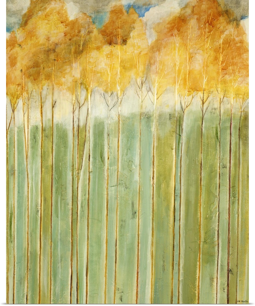 A contemporary painting of tall trees on thin trunks with autumn foliage.