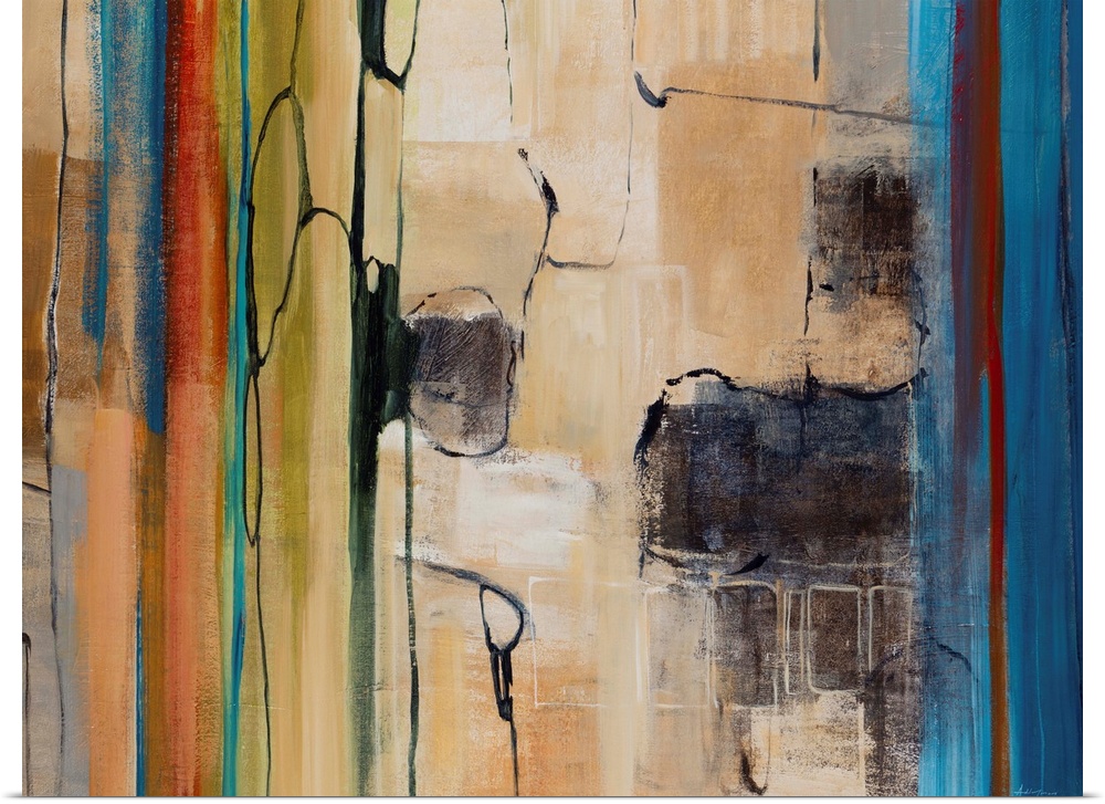Large, horizontal abstract painting of on earth tone stone wall surrounded by multi-colored, vertical streaks on either side.