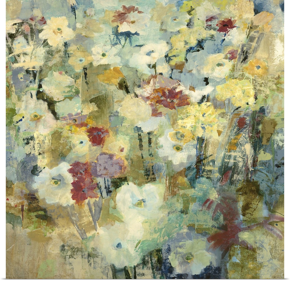 Contemporary painting of pale yellow flowers with muted red ones mixed in.