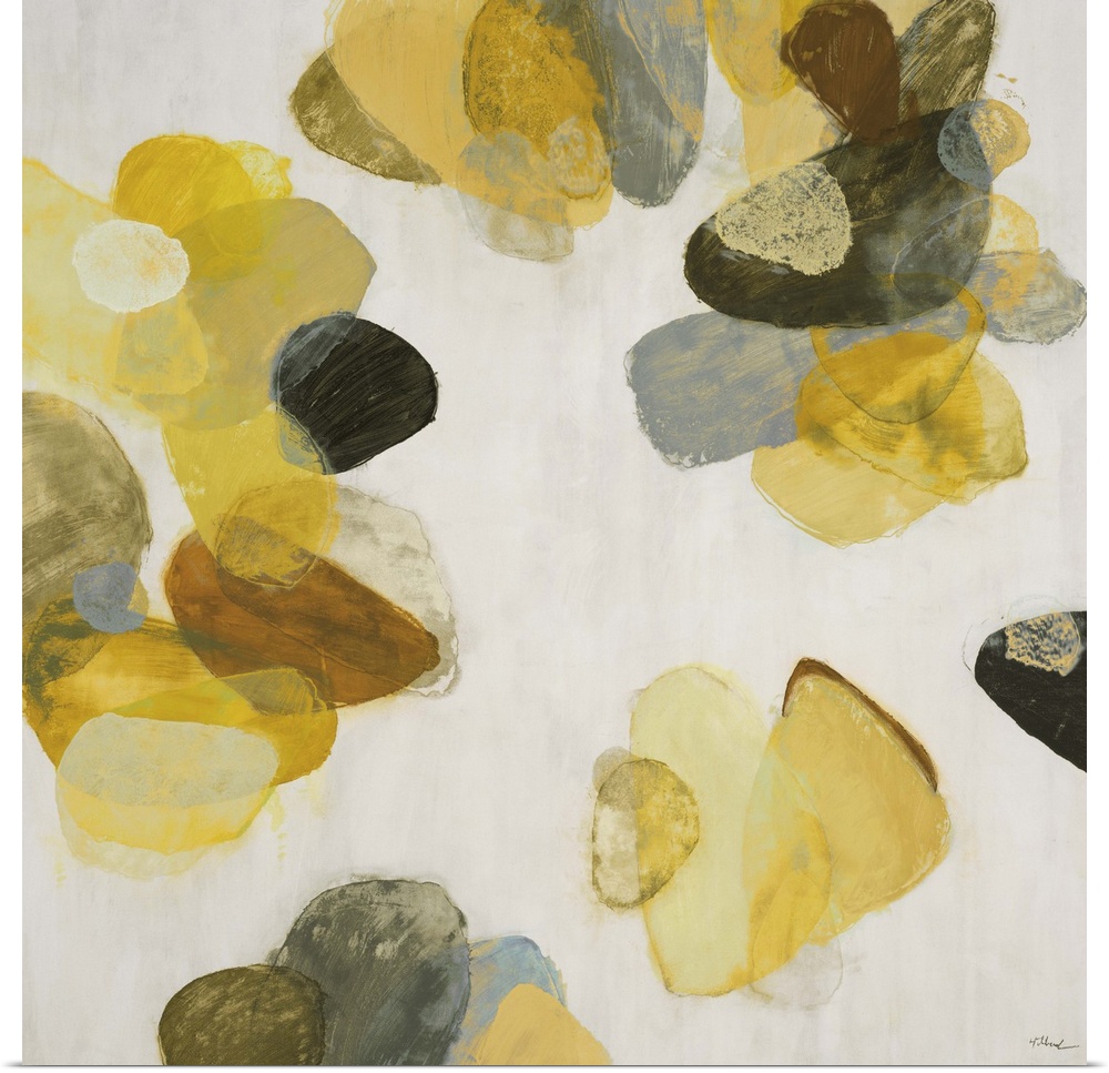 A contemporary abstract painting of golden yellow flake shapes against a neutral toned background.