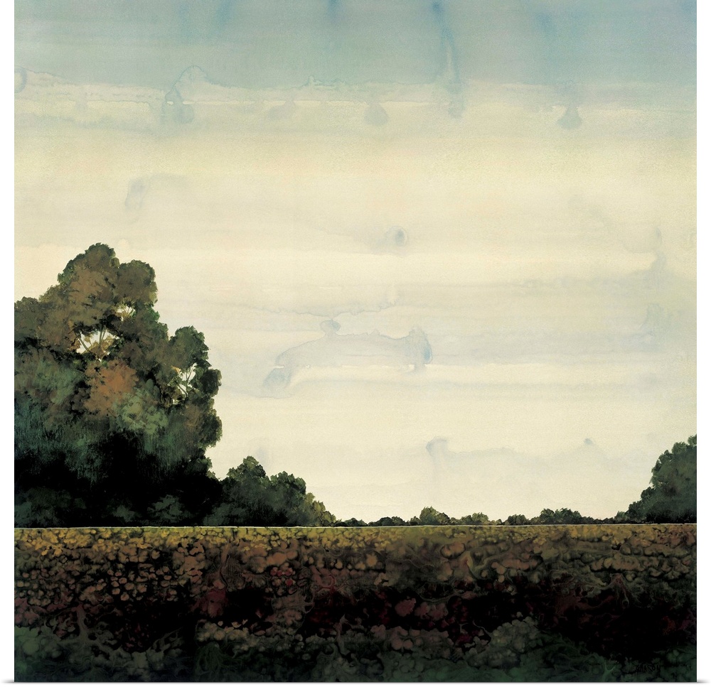 Contemporary painting of a flat landscape with trees in the distance.