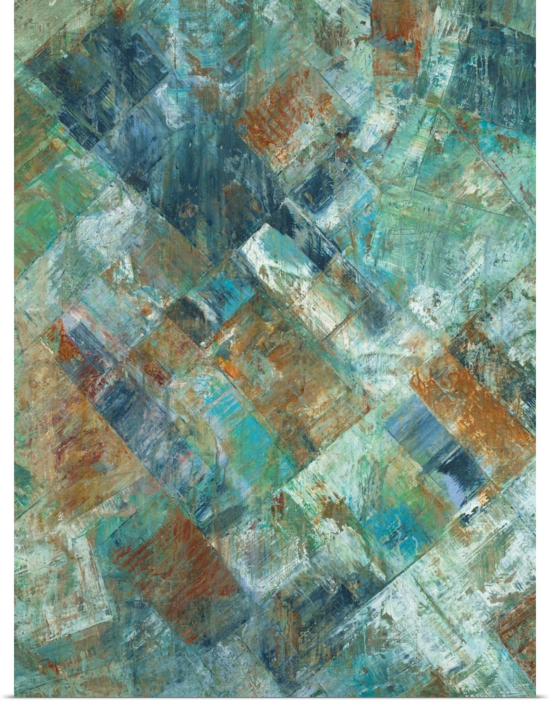 Vertical abstract painting of various patches of grungy colors.