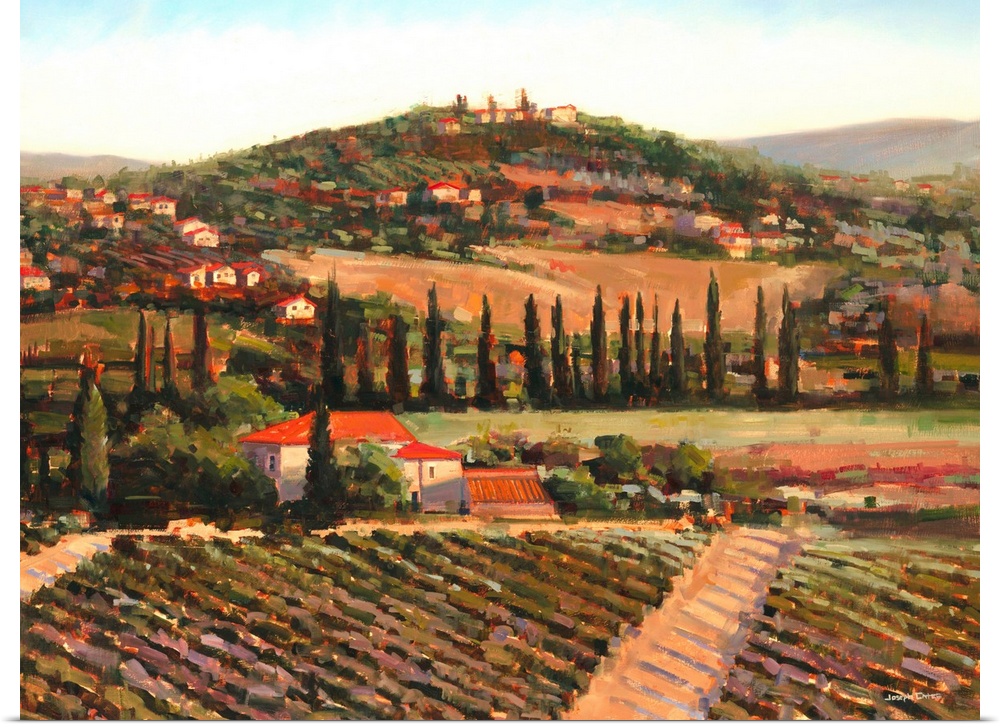 Contemporary painting of a Tuscan landscape at sunset with vineyards and a village made with warm tones.