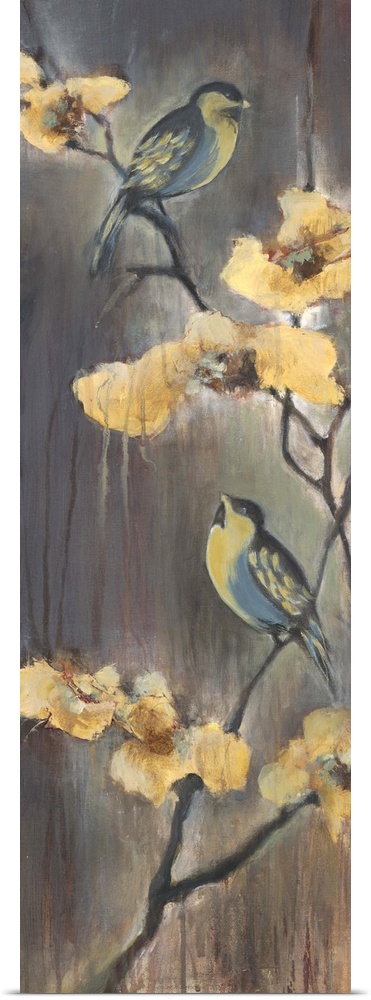 Contemporary painting of two bluebirds perched on flower branches.