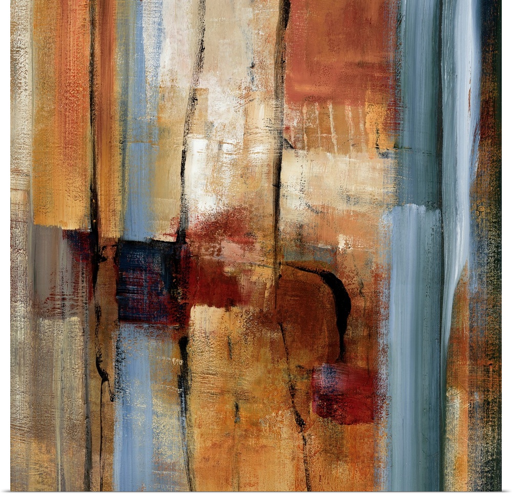 This wall art is an abstract square painting of slates of brush strokes and paint textures.
