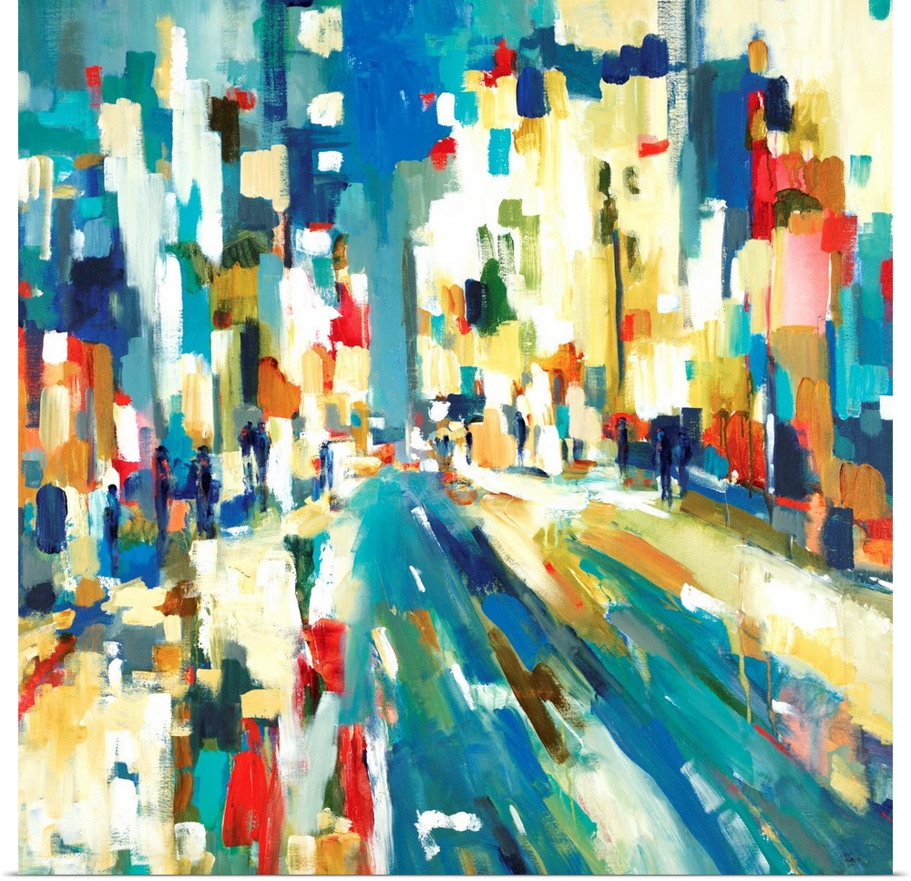 Abstract cityscape painting with urban buildings created with vertical brushstrokes in various colors layered together.