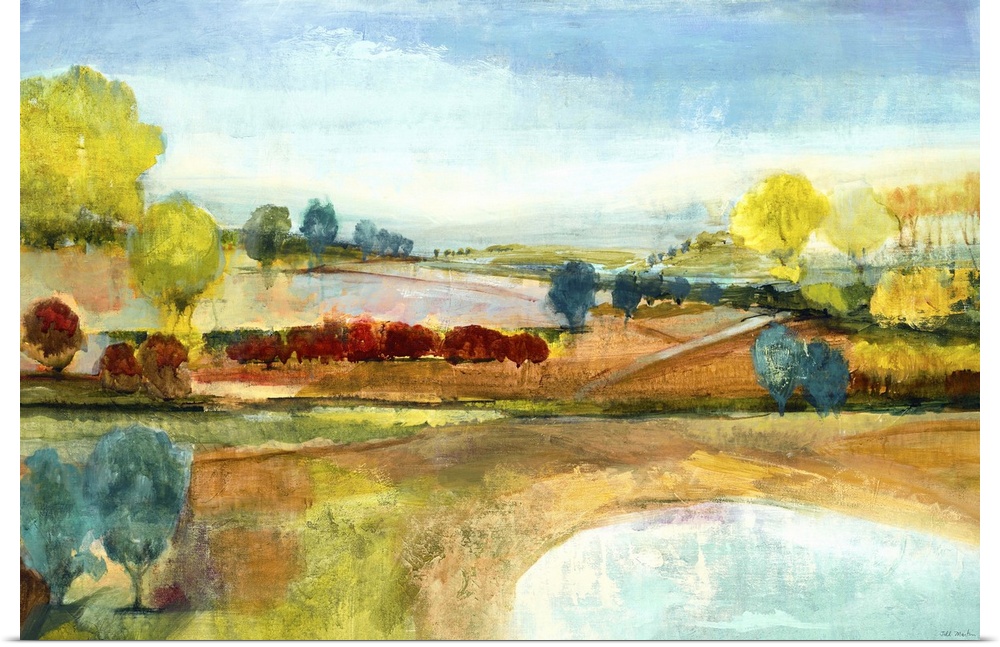 Contemporary landscape painting looking out rolling countryside.