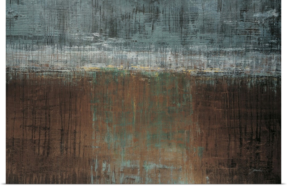 A contemporary abstract painting using muted gray blue tones against a layer of brown tones meeting in the middle of the i...