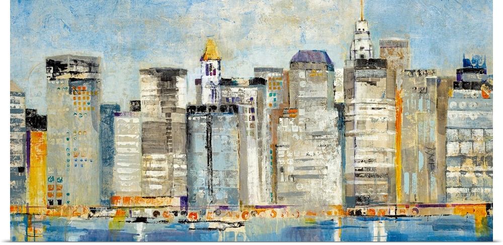 Contemporary abstract painting of a cityscape with buildings and boats reflected on the waterfront.