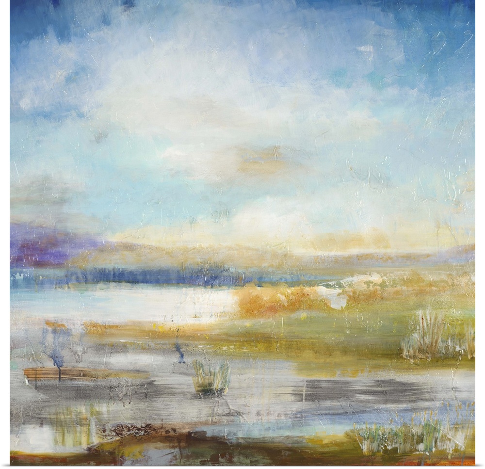 Contemporary landscape painting looking out over wetlands under a vibrant blue sky.
