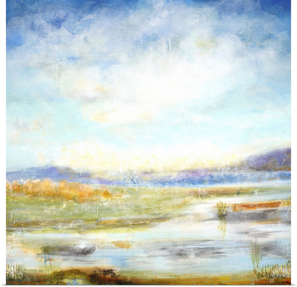 Contemporary landscape painting looking out over wetlands under a vibrant blue sky.