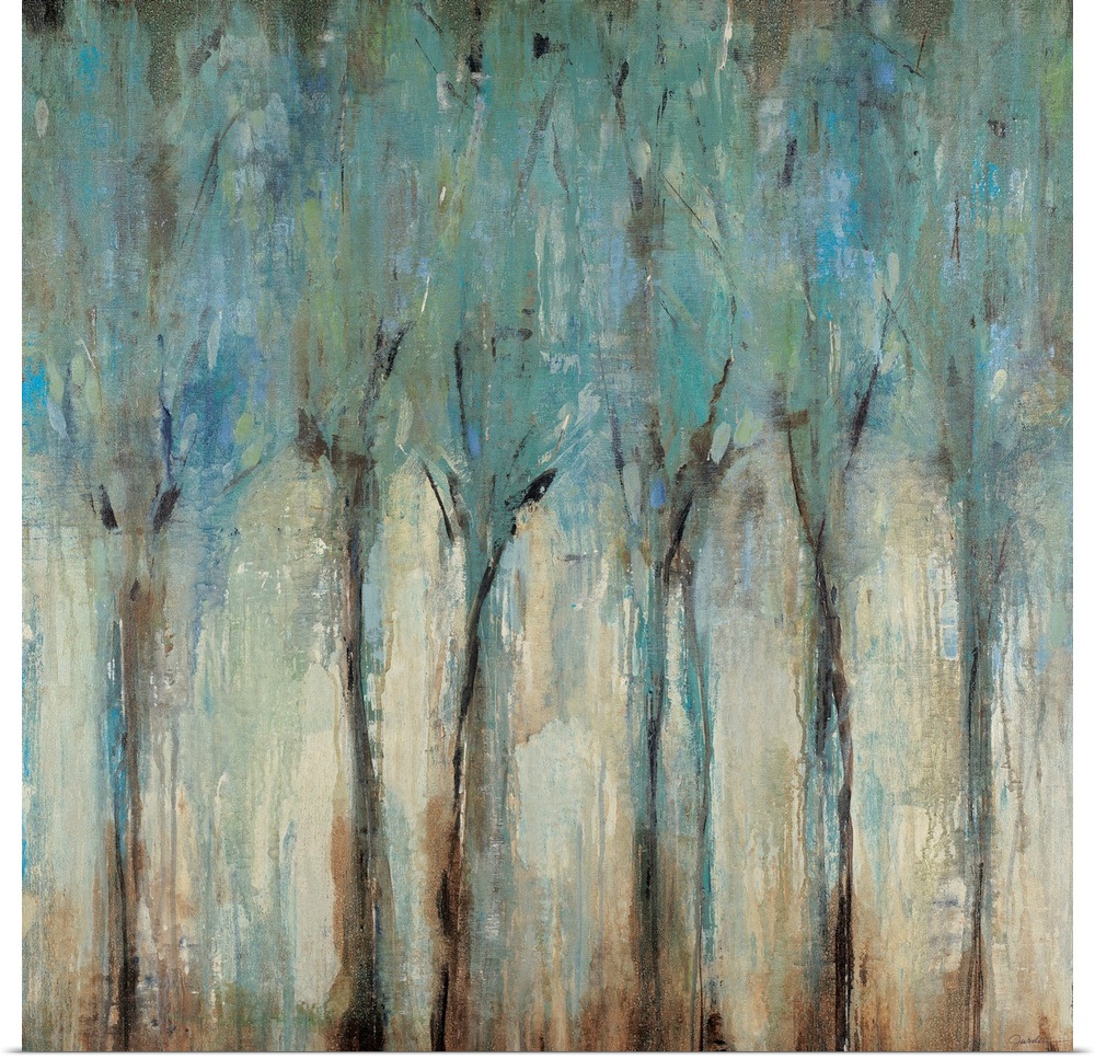 An abstract square wall art painting with layers of messy paint arranged in vertical shapes reminiscent of trees.