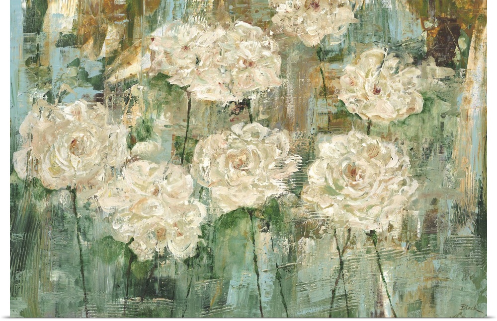 Contemporary painting of white flowers against a teal green background.