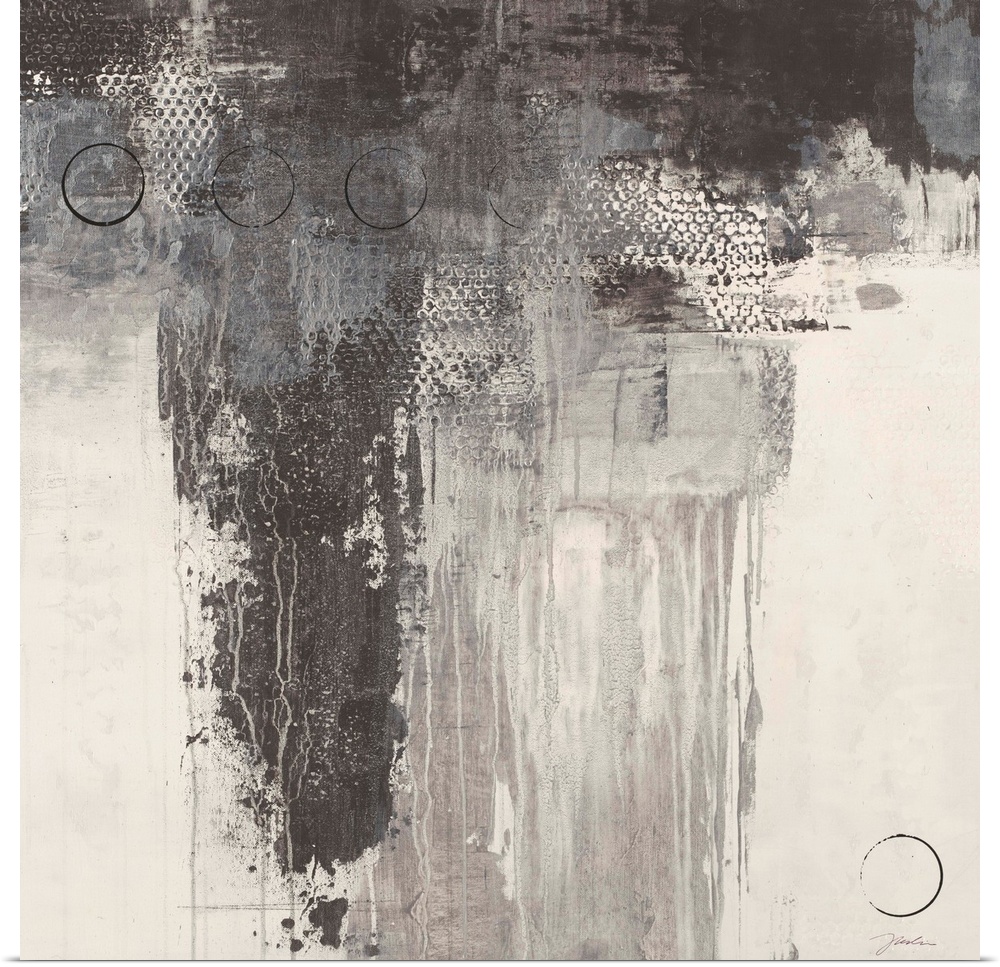 A square abstract painting in varies tones of gray with thin black circles overlaying.