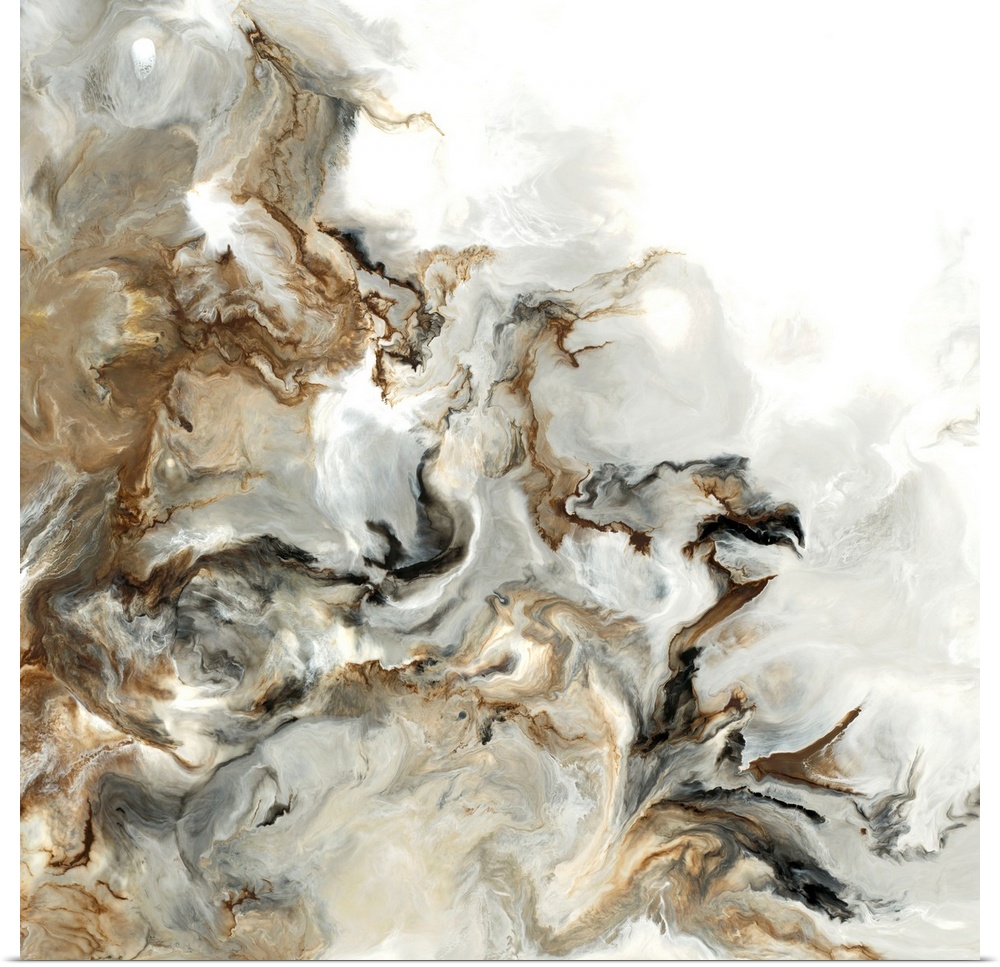 Abstract art with brown, black, gray, and white hues marbled together on a square background.