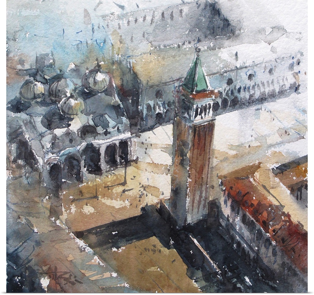 Watercolor artwork of Piazzo San Marco in Venice that emphasizes strong composition and shadows.