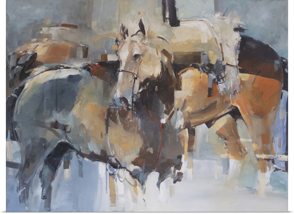 This contemporary artwork features a quiet moment of horses after battle using a complementary palette and impressionistic...
