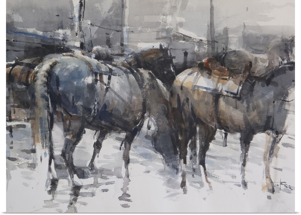 This contemporary artwork depicts a group of horses drinking in the river using a moody palette and impressionistic brush ...
