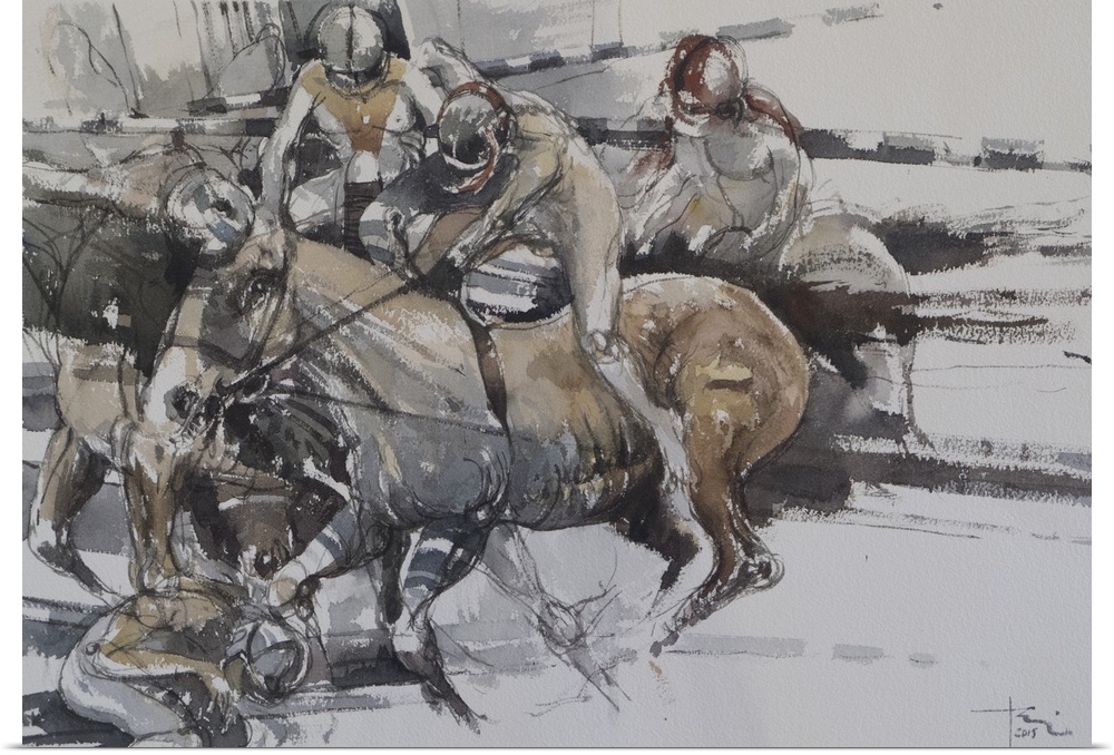 This contemporary artwork uses energetic watercolor brush strokes to illustrate the intensity of a race.