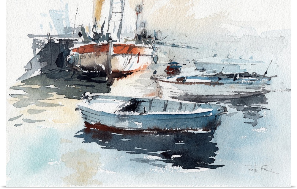 This pensive artwork of small fishing boats in a harbor features earthy tones and static brush strokes.
