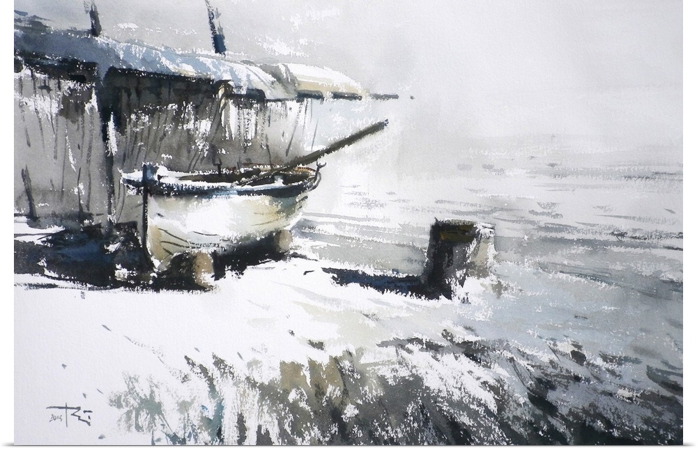 This contemporary artwork highlights snow covered surfaces near an old boat under a shed.