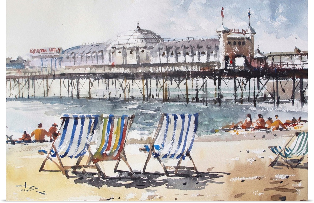 Delicate beach chairs bring this beach scene to life in this contemporary watercolor.