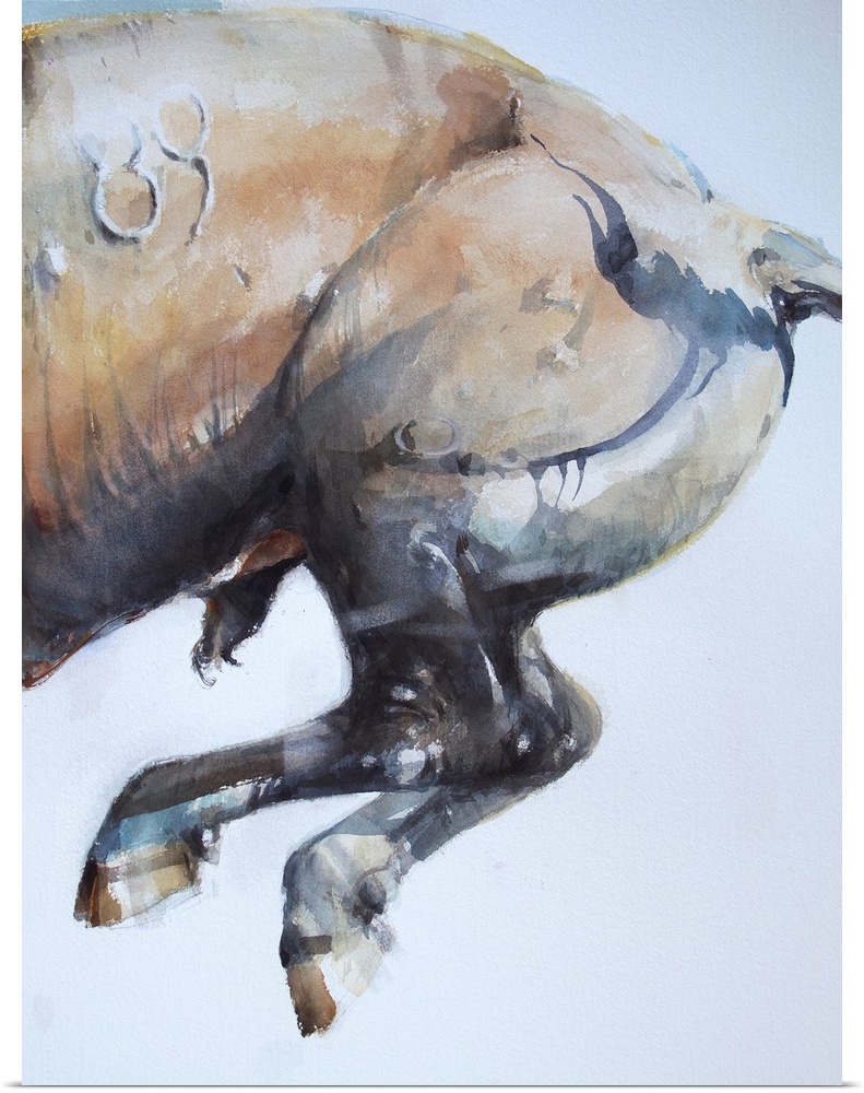 This contemporary artwork is the second half of a watercolor diptych of a falling bull.