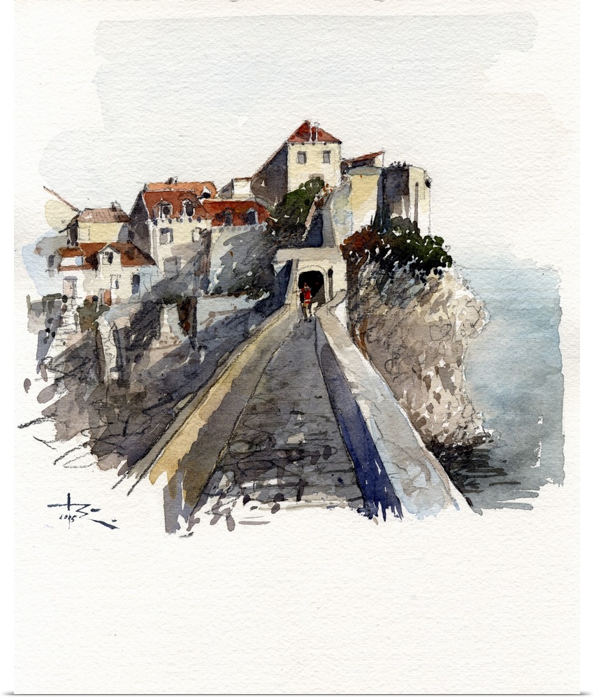 Gestural brush strokes of warm watercolors create a midday landscape of the Dubrovnik Walls.
