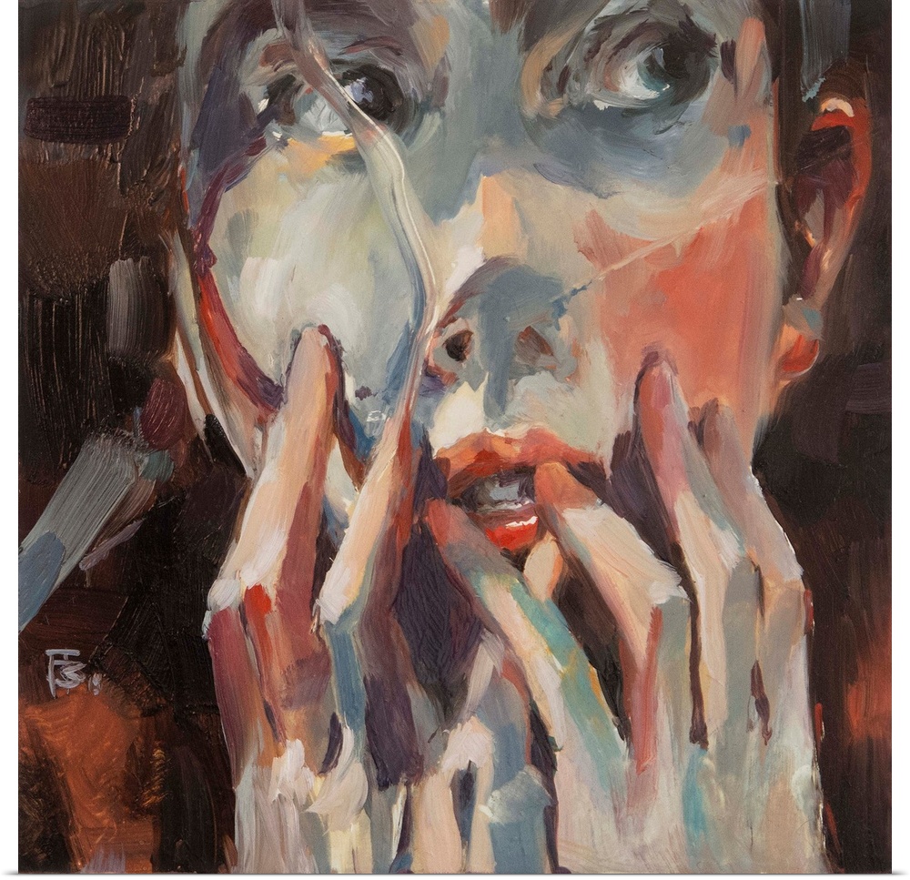 Complementary colors and broad brush strokes add to the suspense of this contemporary portrait.