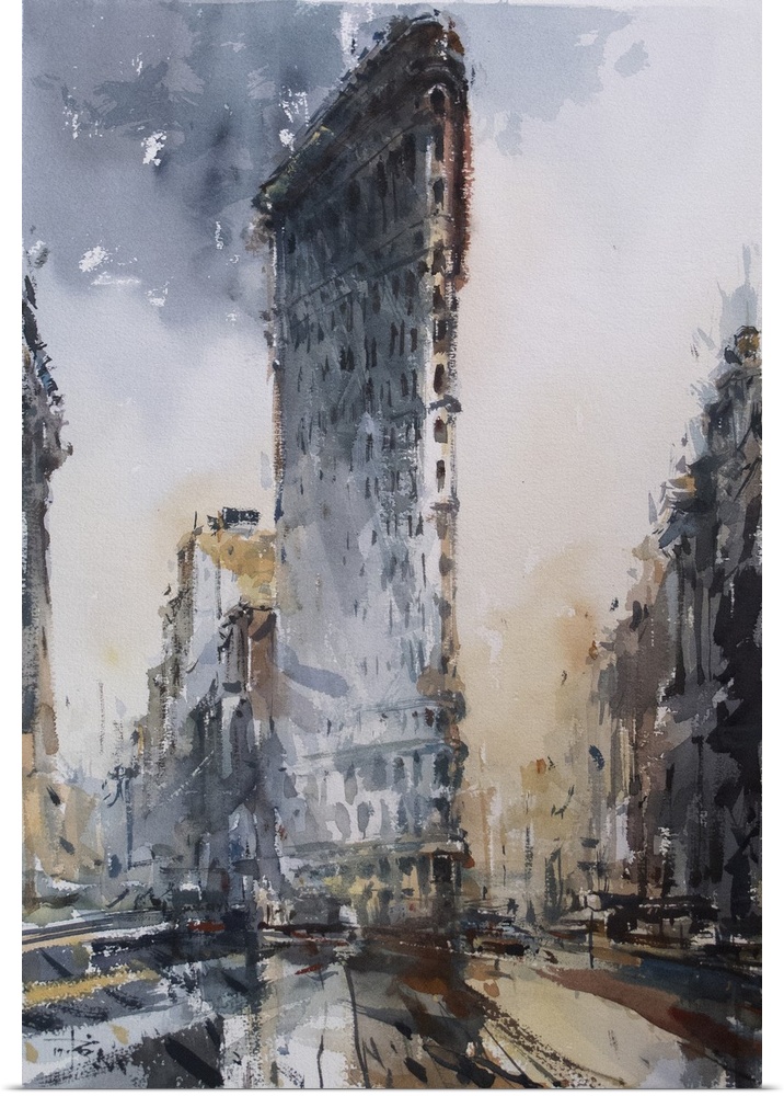 Energetic watercolor brush strokes in dark muted colors reflect the energy and weather of New York city life.