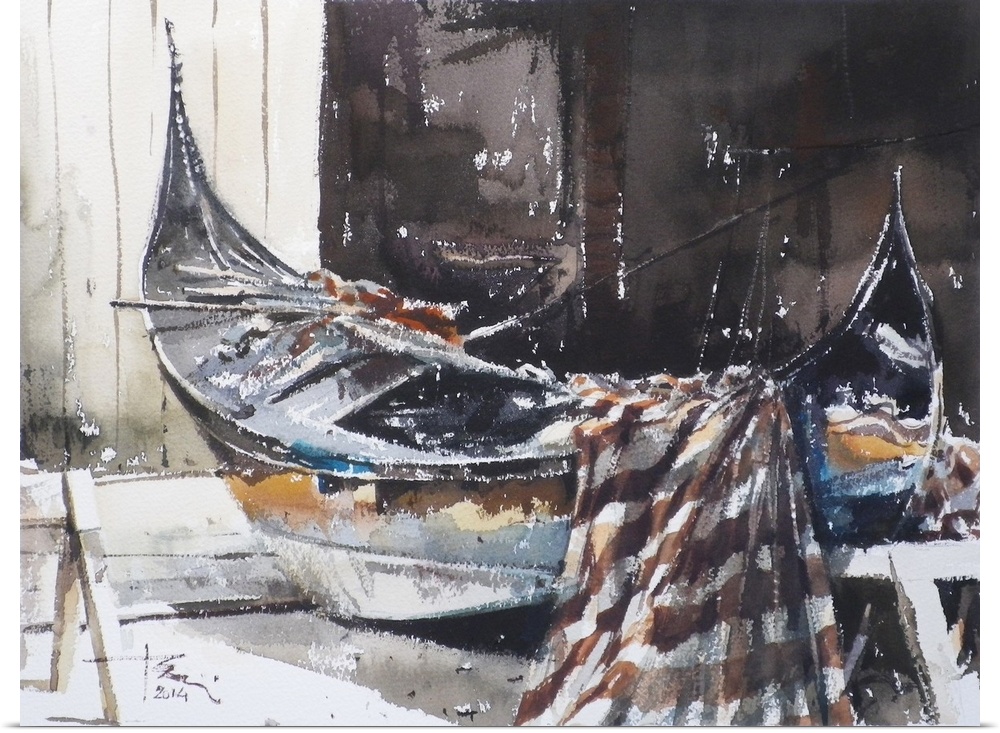 This contemporary artwork features dry watercolor brush stokes to illustrate a gondola in a repair shop.