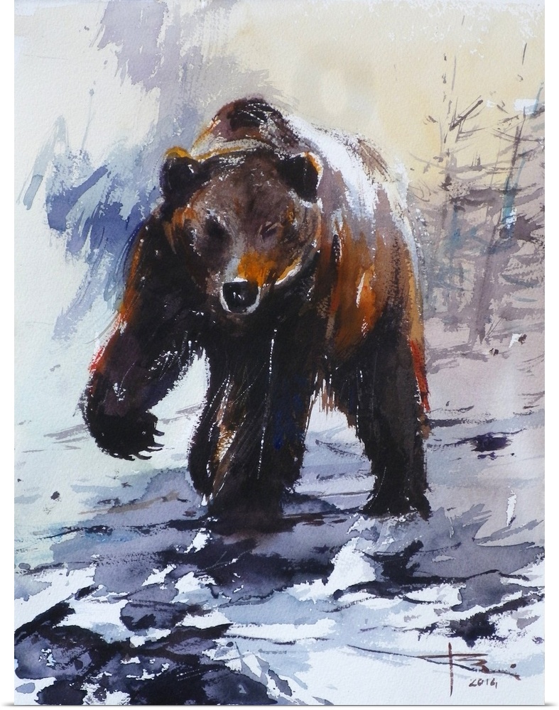 Gestural brush strokes in brown and blue watercolors create a fierce grizzly bear in a winter setting.