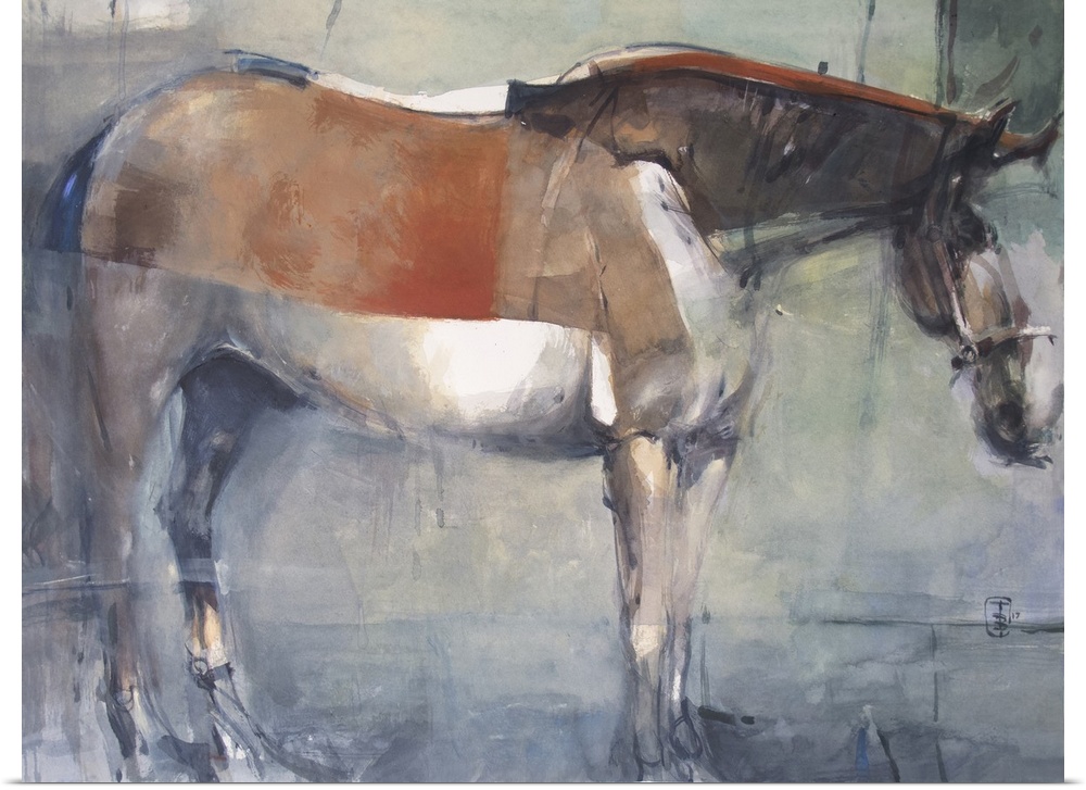 Distressed brush strokes and blocks of color form together to create a standing horse against a mottled background.
