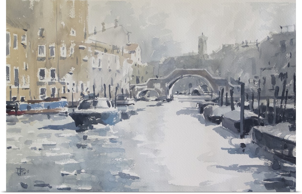 Soft watercolor brush strokes with pops of blue create a water landscape of the Three Arches Bridge in Venice on a cold wi...