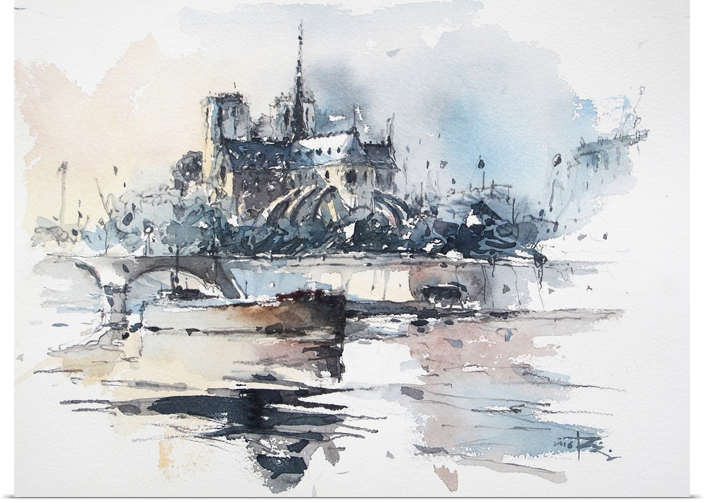 In this contemporary artwork, a lively sketch of an island near the Seine river uses shades of blue and soft blush colors.