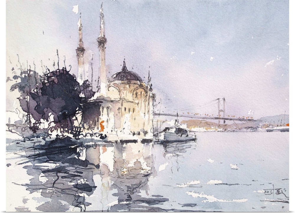 Gestural brush strokes of muted watercolors illustrate a unique waterfront view with Bosphorus bridge in the background.