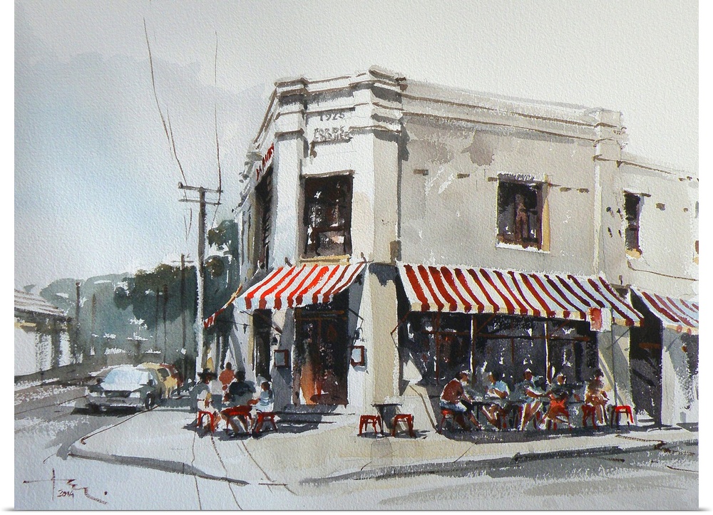 This contemporary artwork is a quick watercolor sketch of a street scene outside of the caf? called "La Republica". Balmor...