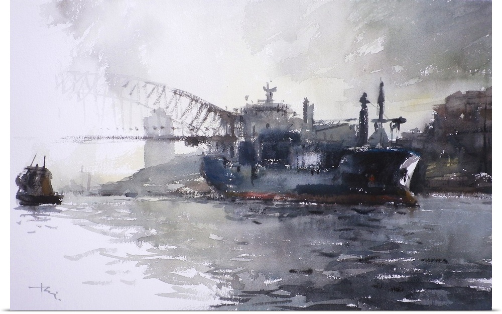 This contemporary artwork uses moody grays and rustling watercolor brush strokes to illustrate a ship leaving the Sydney H...