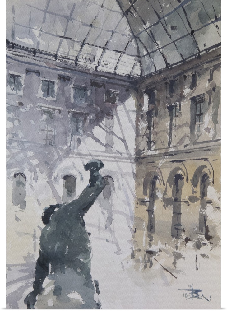 Soft watercolor brush strokes in subdued colors create an interior view from inside the Louvre Museum.