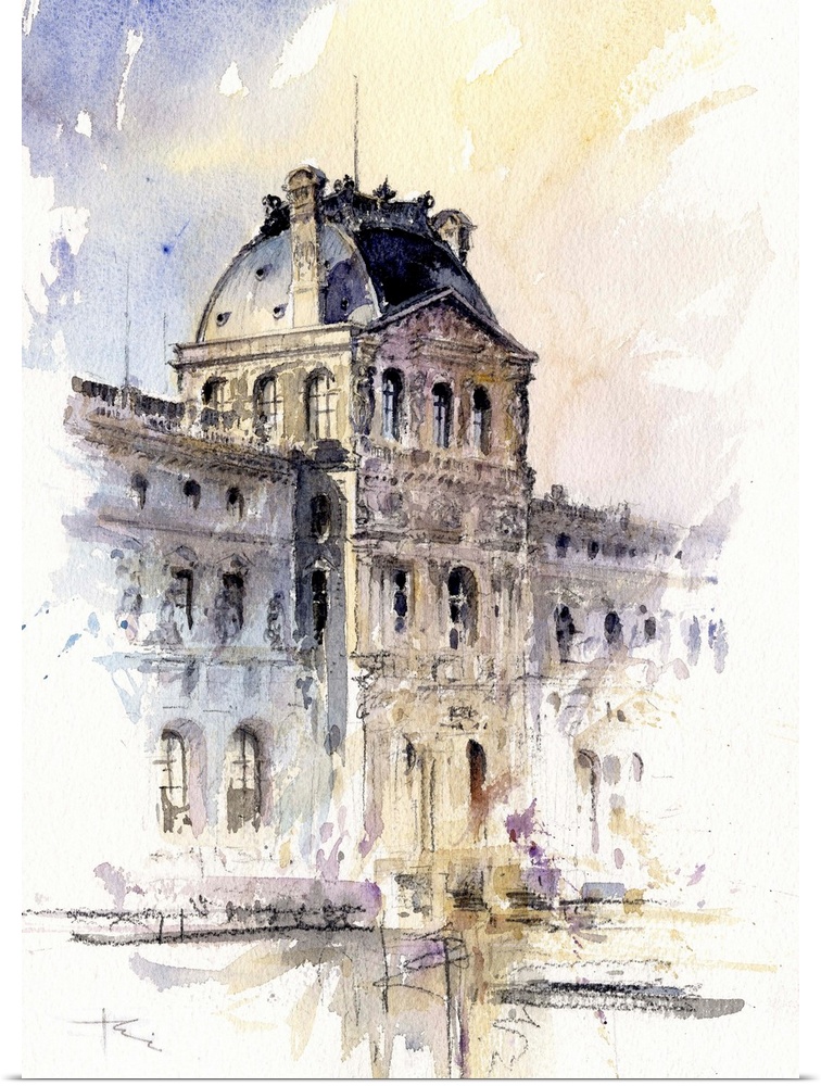 This contemporary artwork is a quick watercolor sketch of the architectural details of the Lourve museum.