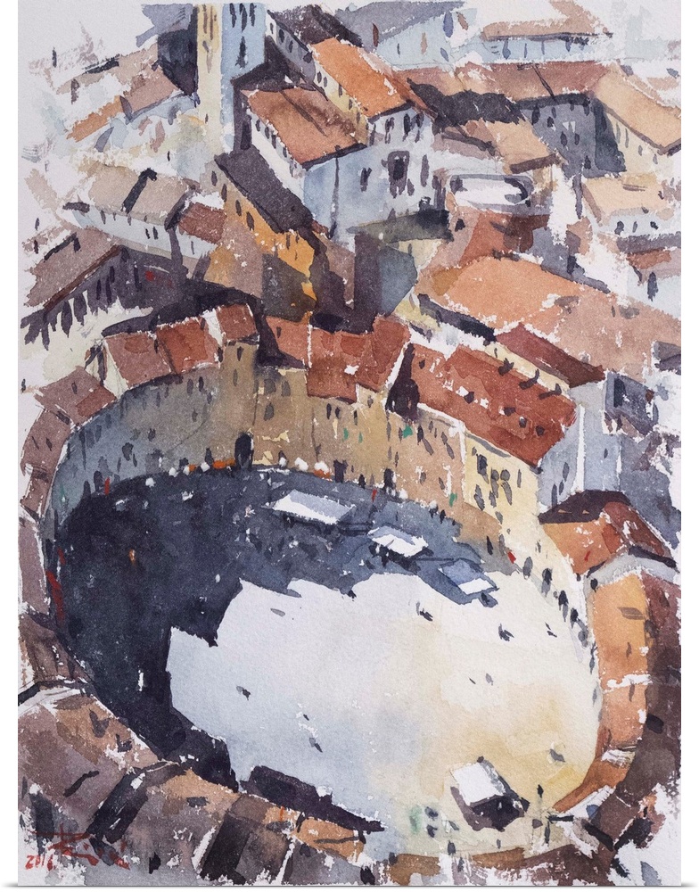 A watercolor artwork of the main square in Lucca, Italy from the tower above the square.
