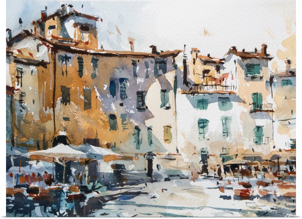 A warm, sketchy transitional watercolor of a sunny town square in Italy with cafe umbrellas