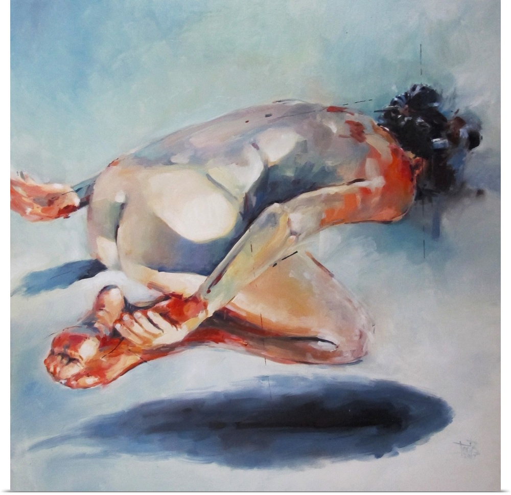 This contemporary artwork illustrates a levitating nude above a fish shadow with moody blues and striking oranges.