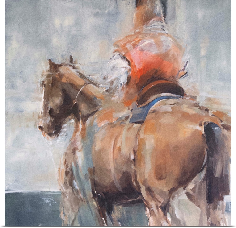 This contemporary artwork features a rider in red robes on a horse created from impressionistic brush strokes in warm shad...
