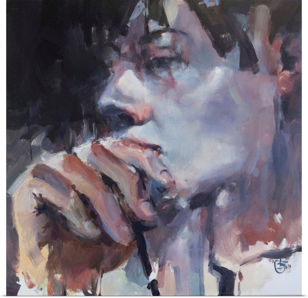 Muted colors and broad brush strokes add to the contemplative nature of this contemporary portrait. This artwork is dedica...