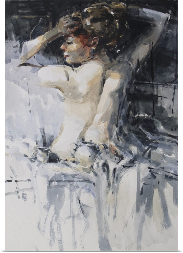 This contemporary artwork features a nude woman seated shaped from moody grays offset by warm tones.
