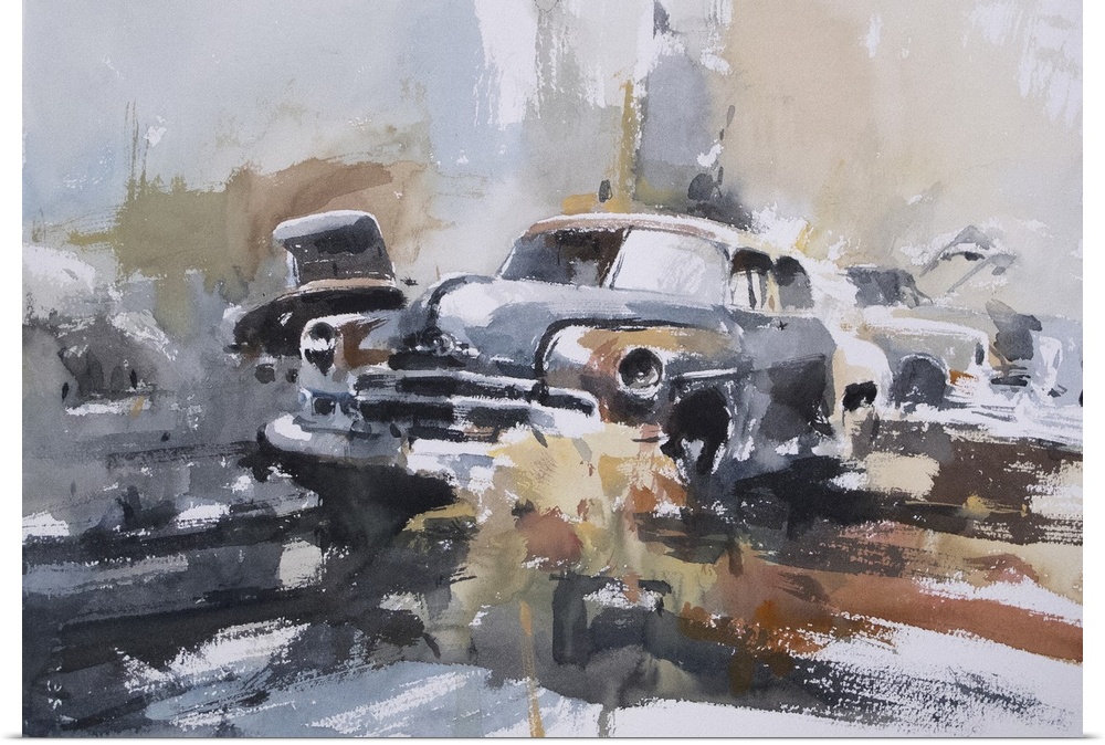 Gestural brush strokes of muted watercolors illustrate car wrecks and rusted objects.
