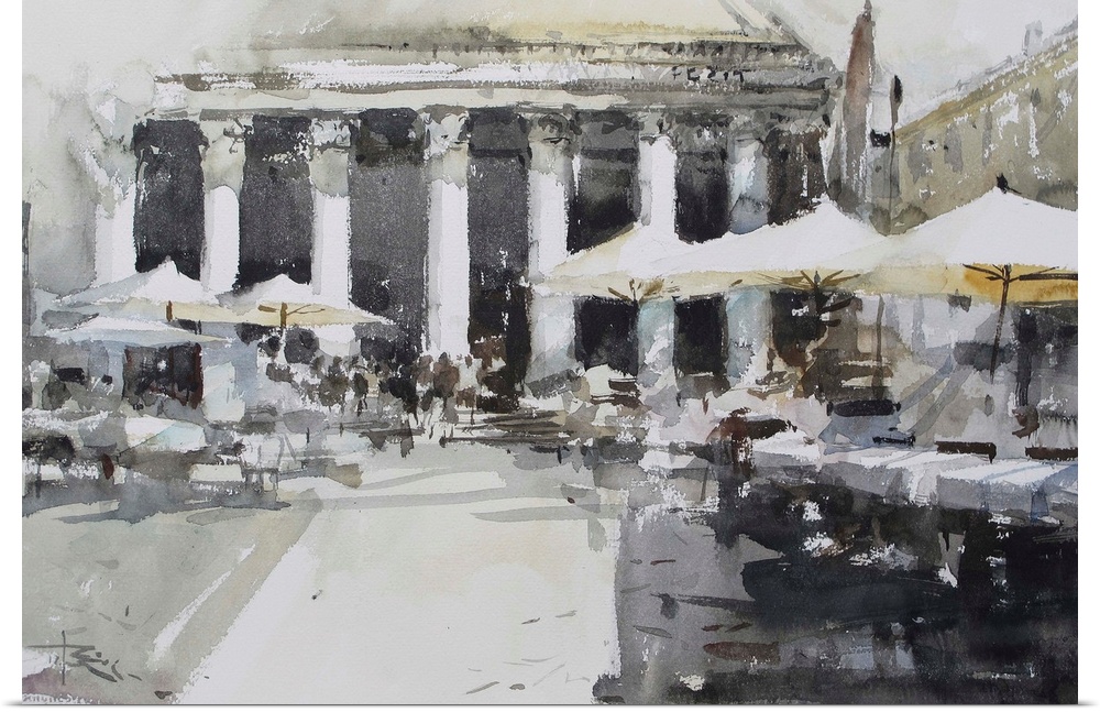 This contemporary artwork is a quick watercolor sketch of a street scene in front of Pantheon.