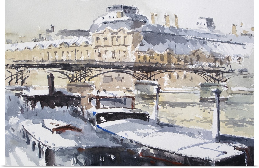 A watercolor artwork of Pont des Arts in Paris shows snow covered barges in the winter.